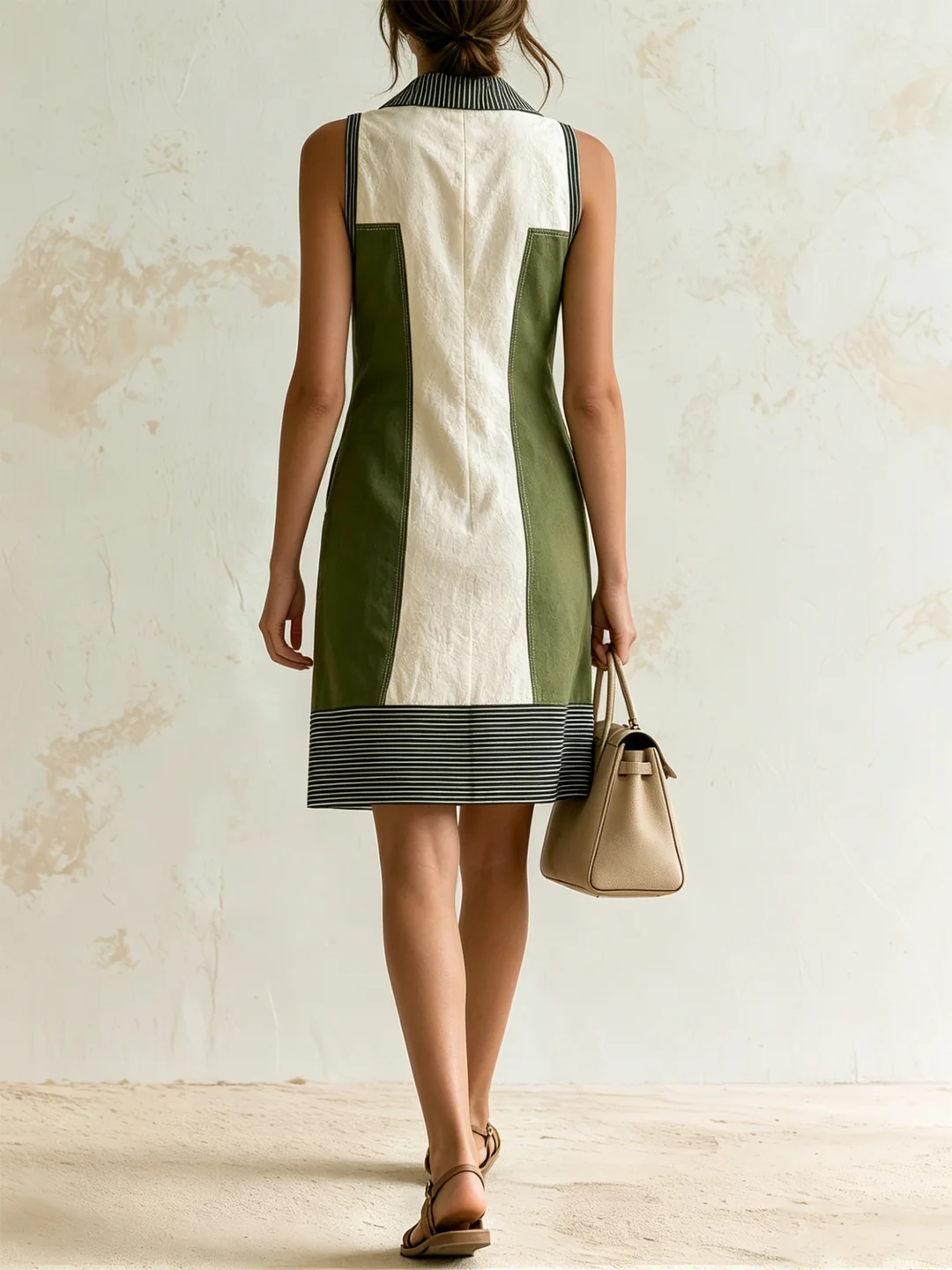 Ginestra | Vestido camisero corto de lino, sin mangas, con cuello y bloques de color, con ribete a rayas.