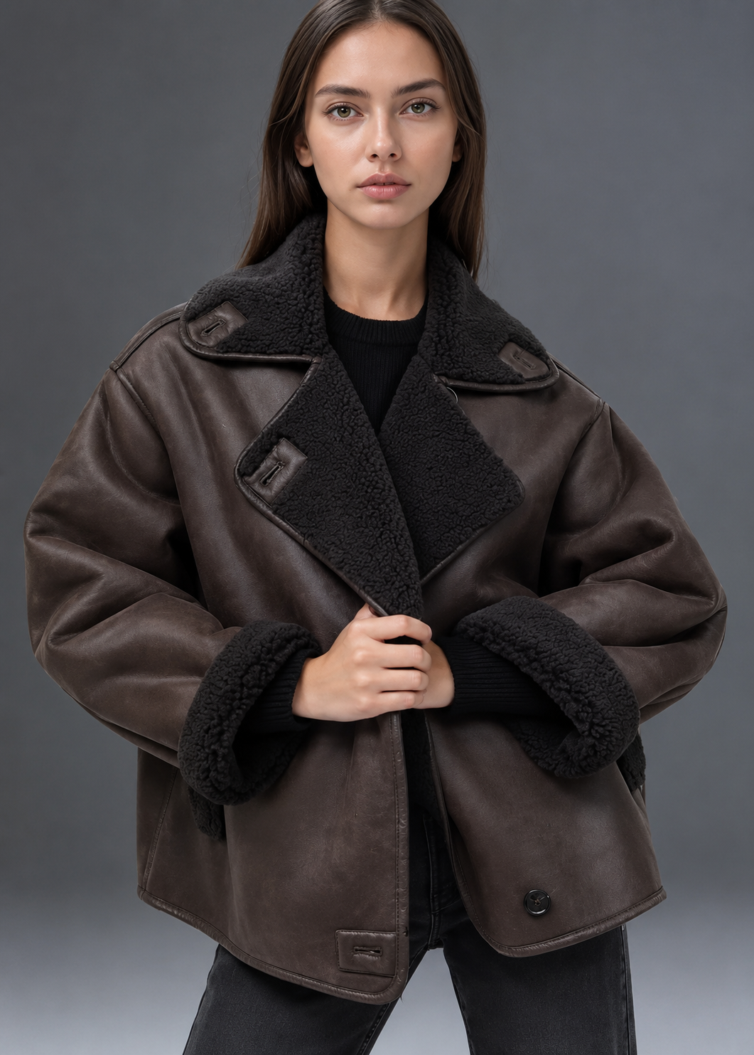 Chaqueta larga con efecto piel