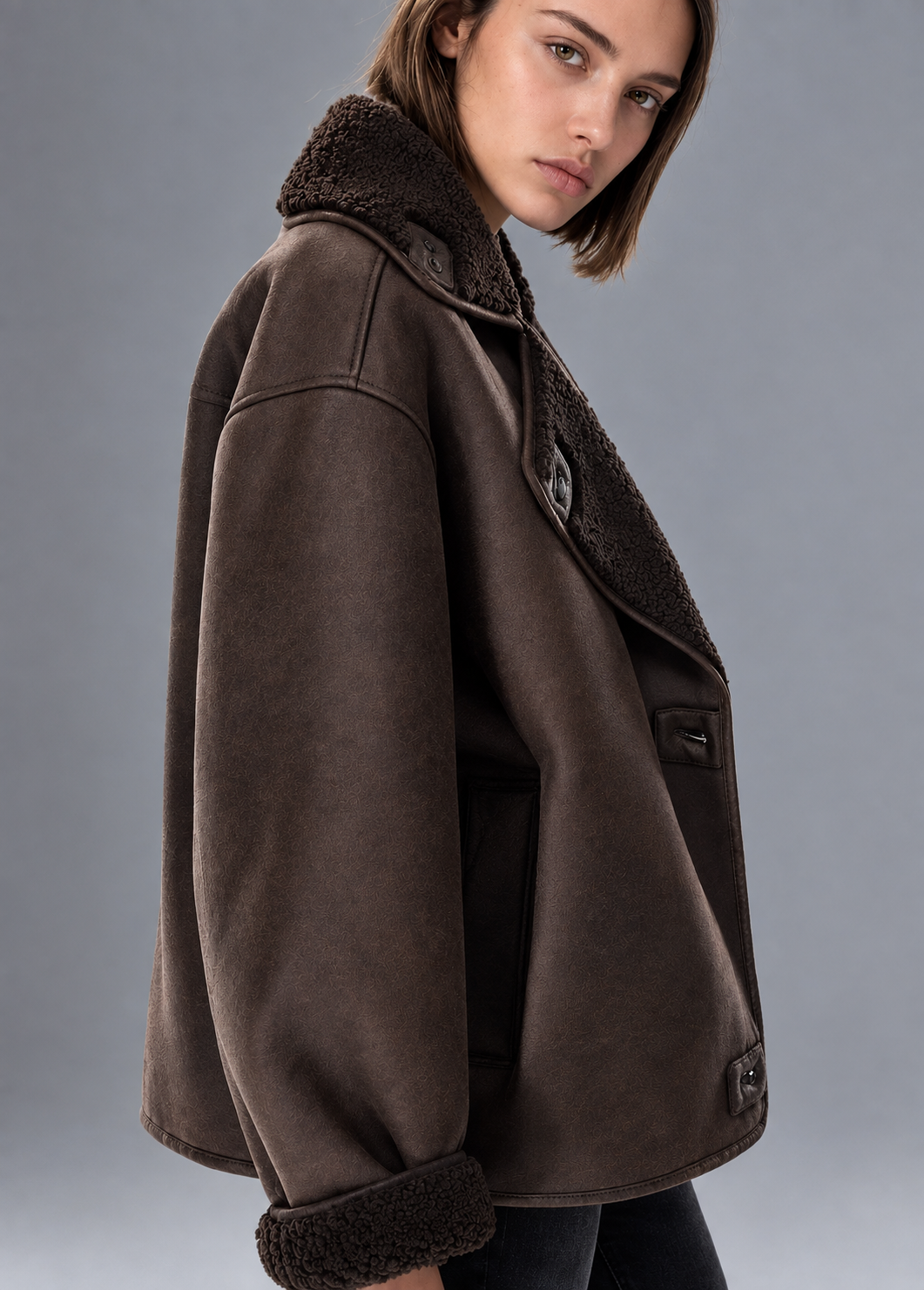 Chaqueta larga con efecto piel