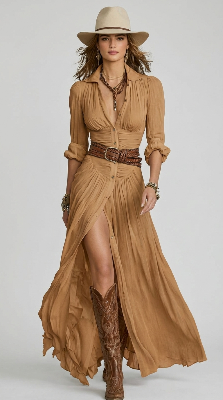 Vestido Retro con cuello en V , cintura plisada, abertura holgada