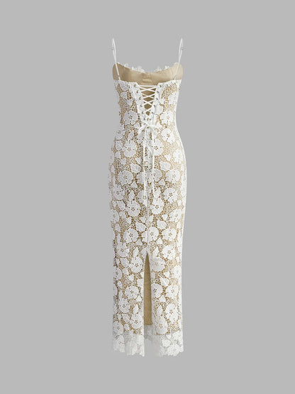 Vestido camisero de encaje de doble capa semitransparente