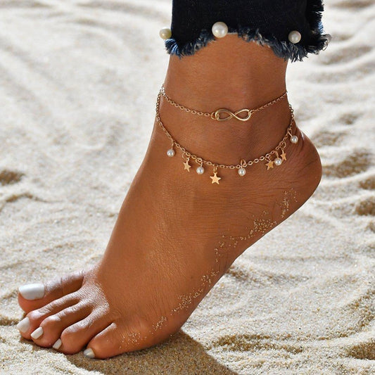 Pulsera tobillera Infinity + Perlas y estrellas