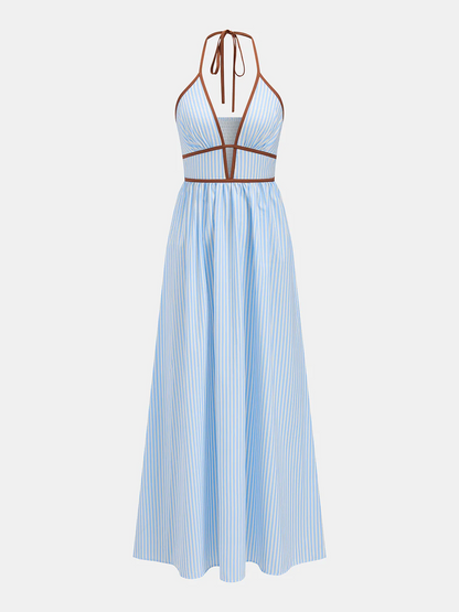 Vestido midi a rayas con escote en V profundo y cuello halter