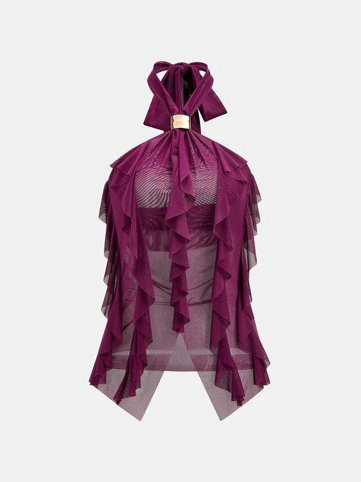 Blusa halter cascada color ciruela