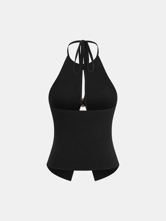 Top halter de punto con botones y estampado floral calado
