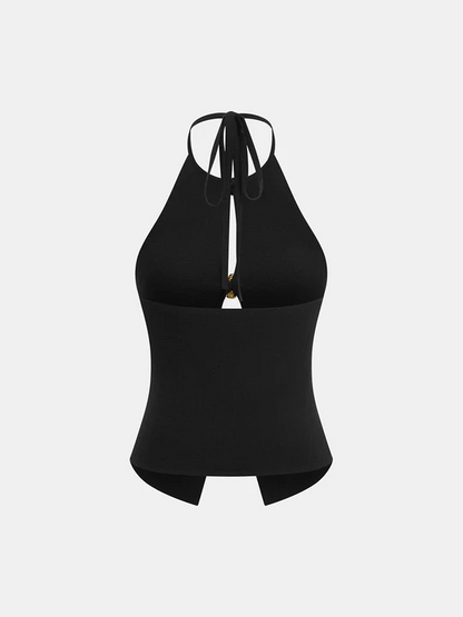 Top halter de punto con botones y estampado floral calado