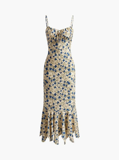 Vestido largo con estampado floral, bajo irregular y nudos