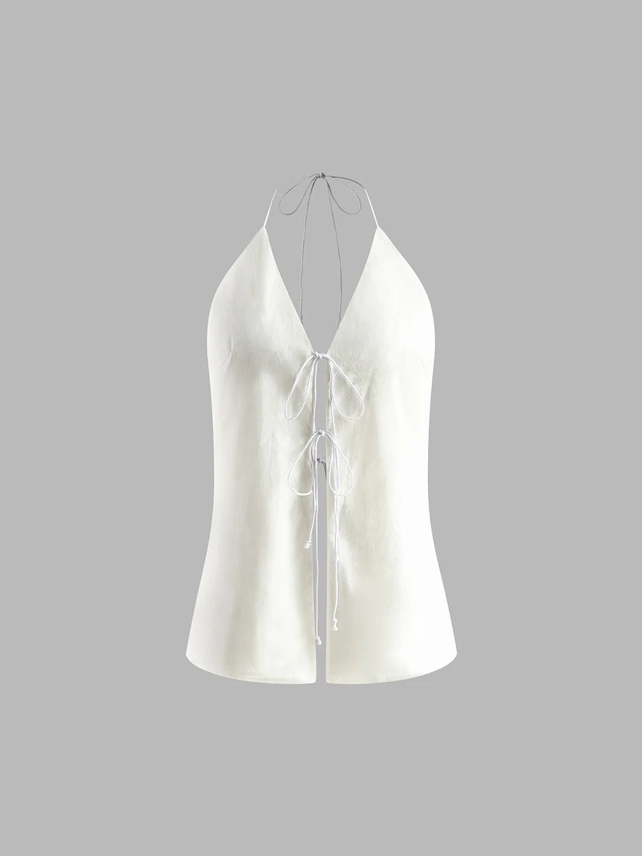 Conjunto de top halter sin espalda y shorts de algodón y lino.