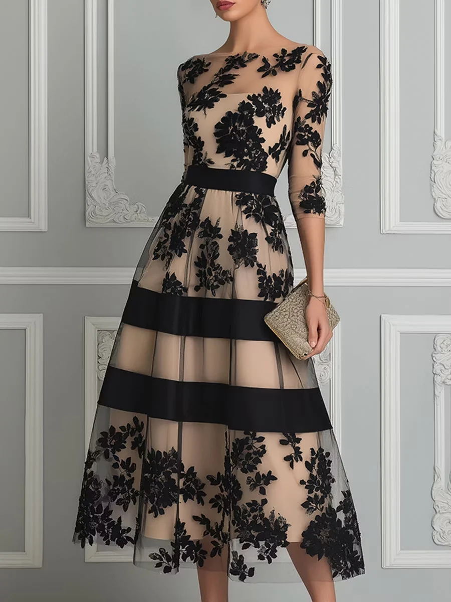 Elegante vestido midi de encaje negro