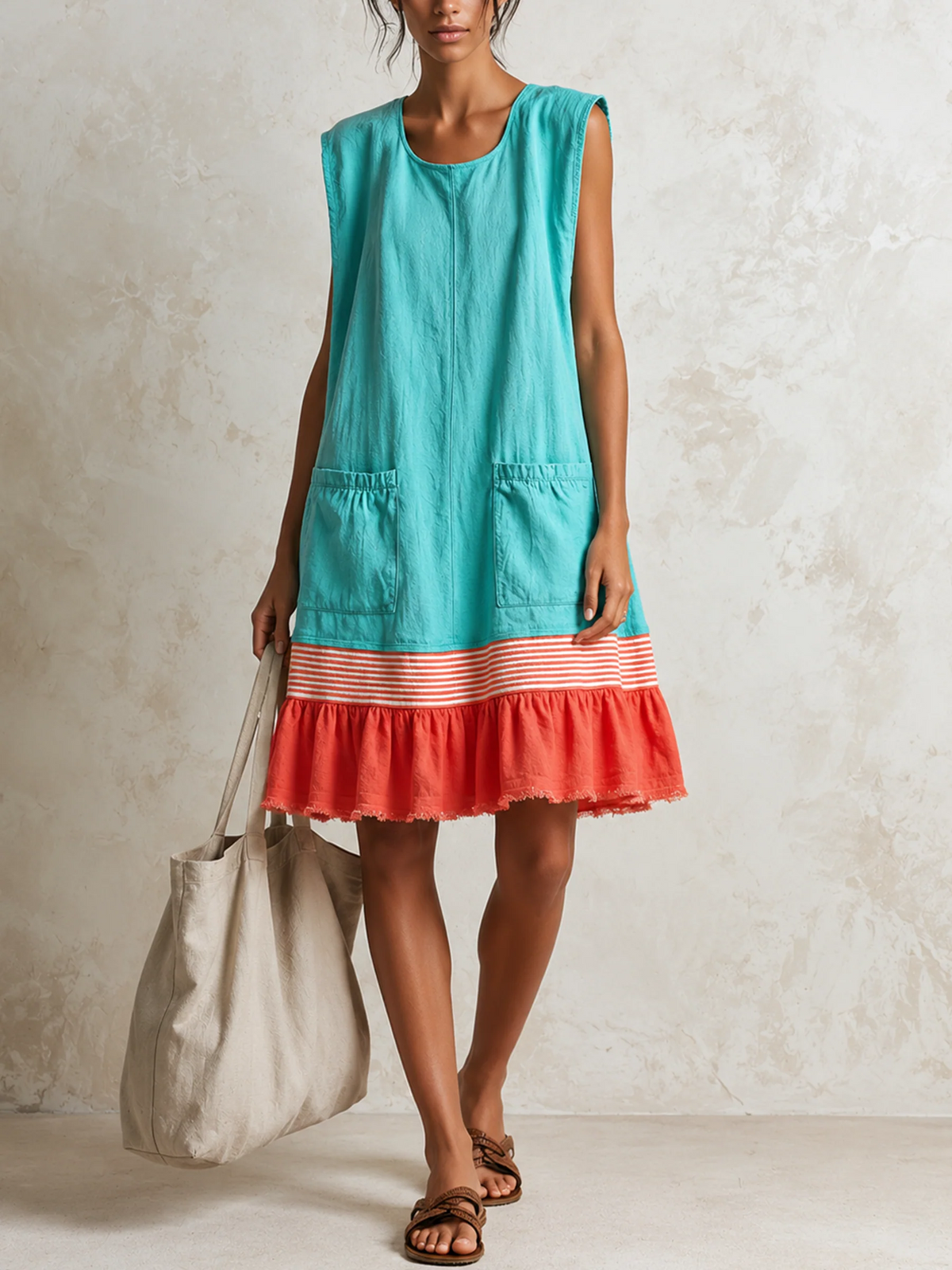 Katia | Vestido túnica azul claro sin mangas con raya roja y bajo con volantes
