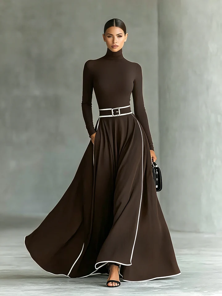 Vestido largo negro para mujer con costuras blancas, cuello alto, mangas largas y cintura ajustada.