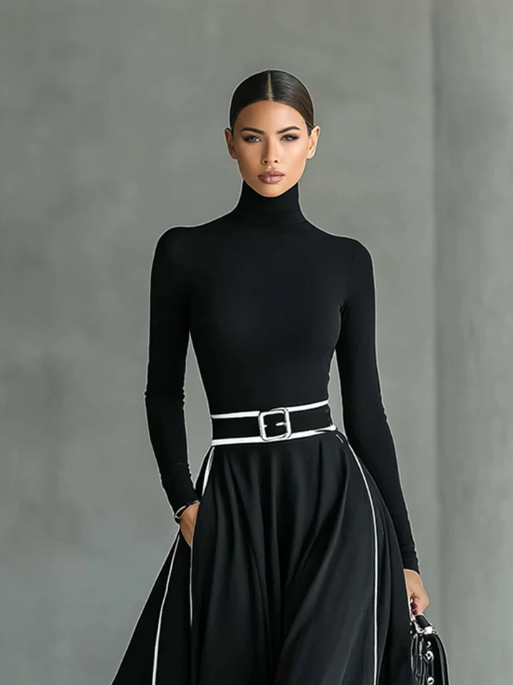 Vestido largo negro para mujer con costuras blancas, cuello alto, mangas largas y cintura ajustada.