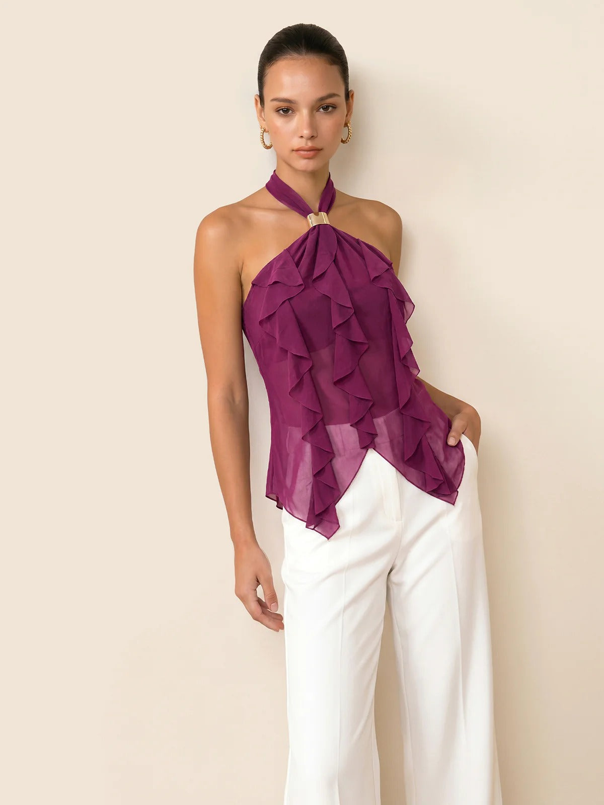 Blusa halter cascada color ciruela